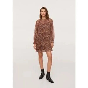 Mango Fall Floral Long Sheer Sleeve Swing Mini Short Dress Women's XS NWT